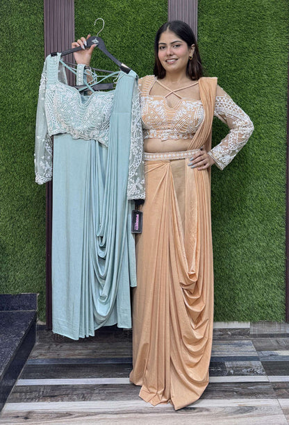 Ready to Wear Lycra Drape Saree with Beaded Blouse & Waist Belt