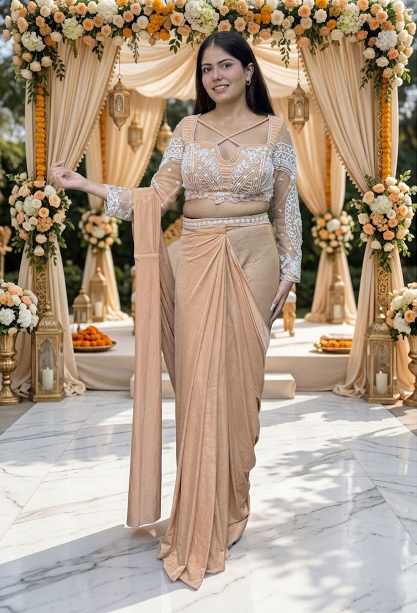 Ready to Wear Lycra Drape Saree with Beaded Blouse & Waist Belt