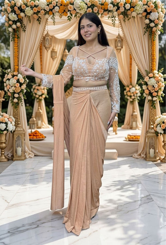Ready to Wear Lycra Drape Saree with Beaded Blouse & Waist Belt