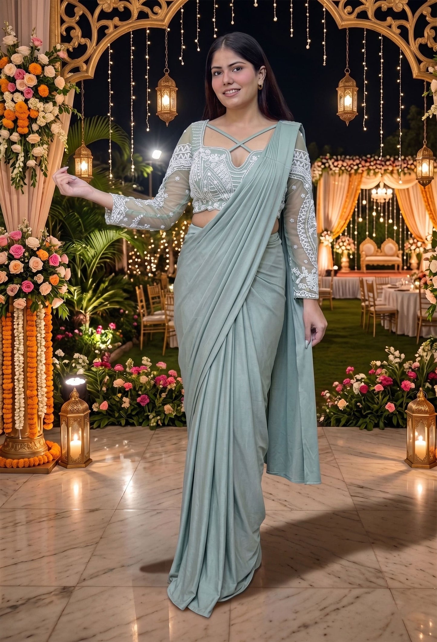 Ready to Wear Lycra Drape Saree with Beaded Blouse & Waist Belt