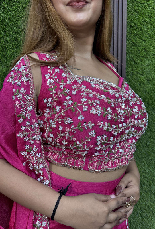 Designer Crop Top Plazo Set with Embroidered Cape Shrug in Hot Pink