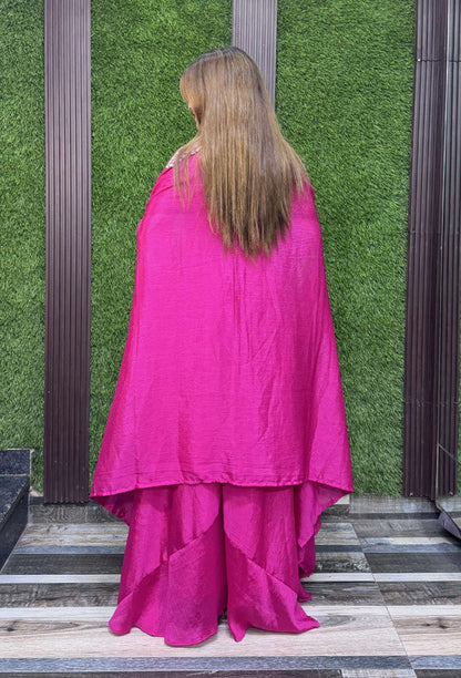 Designer Crop Top Plazo Set with Embroidered Cape Shrug in Hot Pink
