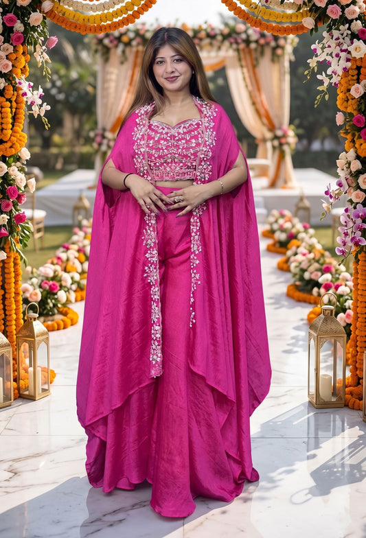 Designer Crop Top Plazo Set with Embroidered Cape Shrug in Hot Pink