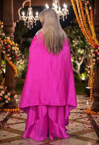 Designer Crop Top Plazo Set with Embroidered Cape Shrug in Hot Pink
