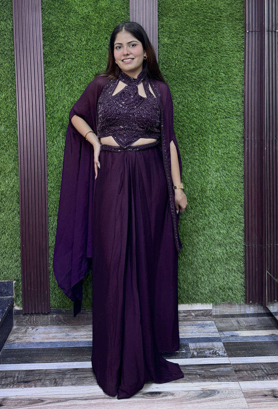 Halter Neck Designer Hand Work Blouse with Chinnon Silk Tulip Skirt - Wine