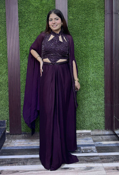Halter Neck Designer Hand Work Blouse with Chinnon Silk Tulip Skirt - Wine