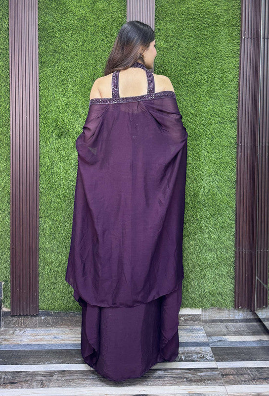 Halter Neck Designer Hand Work Blouse with Chinnon Silk Tulip Skirt - Wine