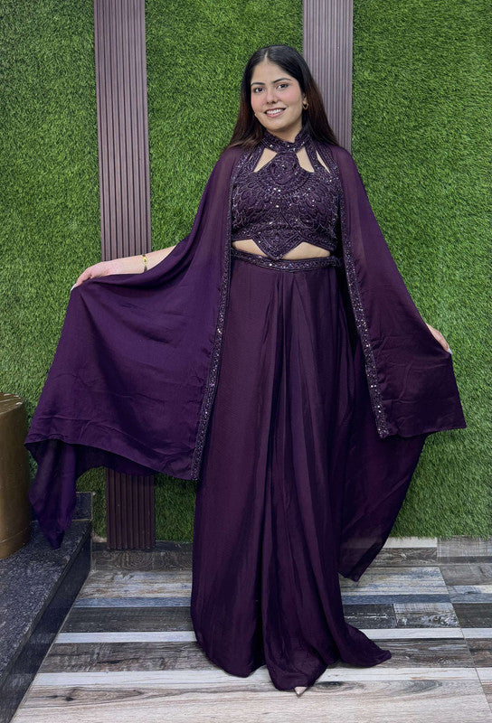 Halter Neck Designer Hand Work Blouse with Chinnon Silk Tulip Skirt - Wine