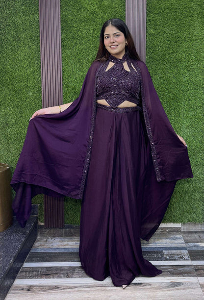 Halter Neck Designer Hand Work Blouse with Chinnon Silk Tulip Skirt - Wine