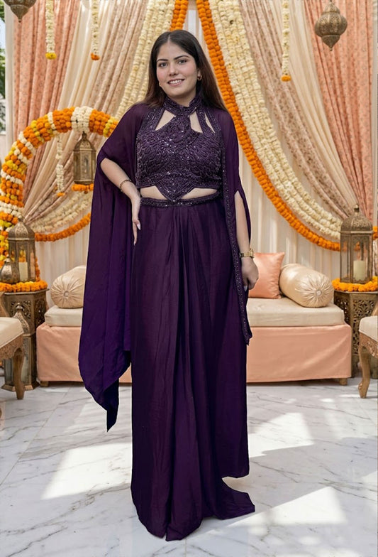 Halter Neck Designer Hand Work Blouse with Chinnon Silk Tulip Skirt - Wine