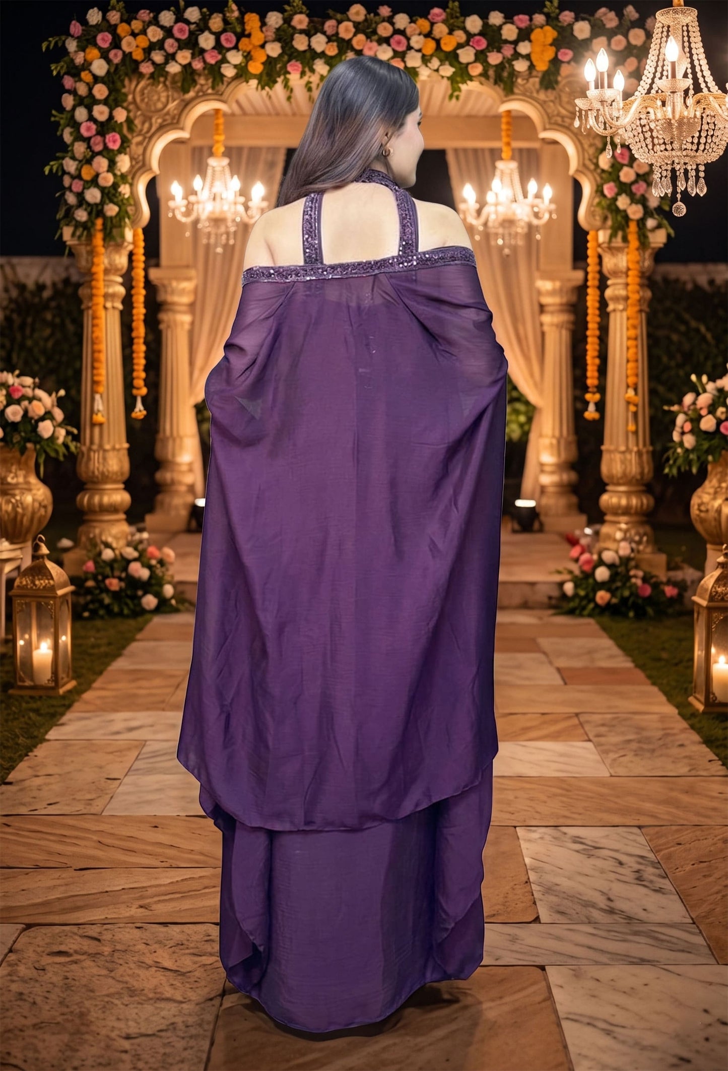 Halter Neck Designer Hand Work Blouse with Chinnon Silk Tulip Skirt - Wine