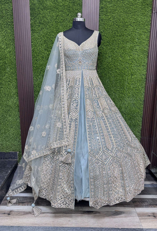 Front Cut Anarkali Dress with Heavy Hand Embroidery & Elegant Dupatta in Aqua Blue