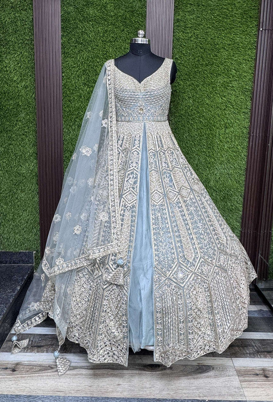 Front Cut Anarkali Dress with Heavy Hand Embroidery & Elegant Dupatta in Aqua Blue