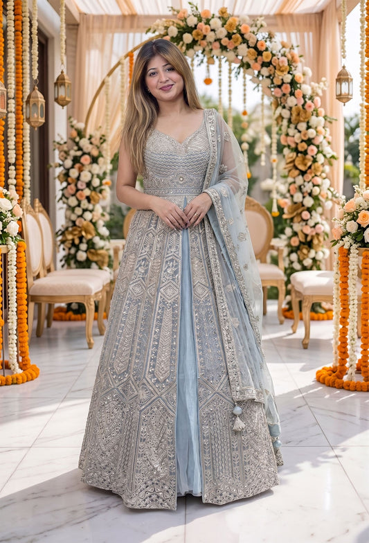 Front Cut Anarkali Dress with Heavy Hand Embroidery & Elegant Dupatta in Aqua Blue