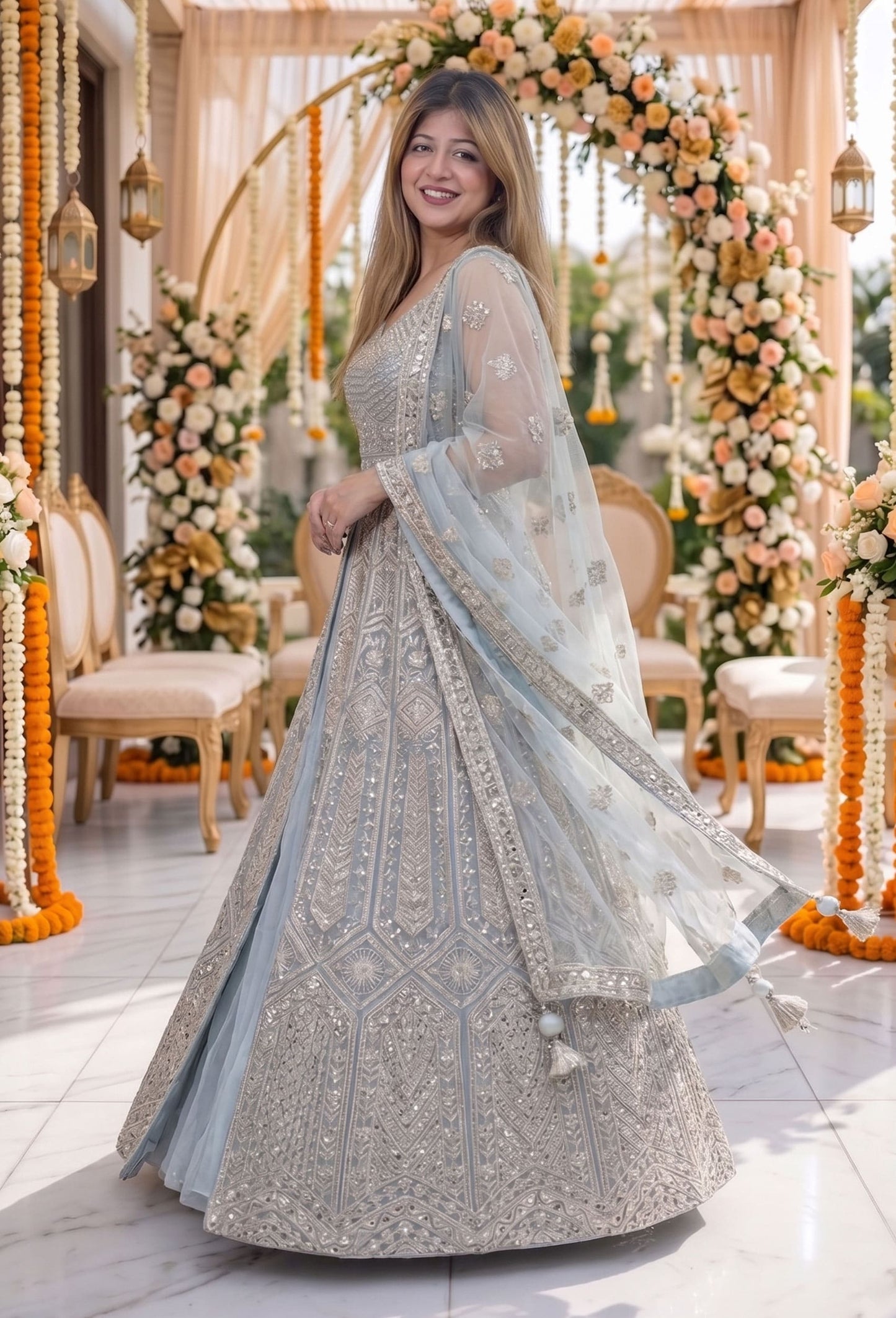 Front Cut Anarkali Dress with Heavy Hand Embroidery & Elegant Dupatta in Aqua Blue