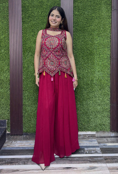 Hot Pink Asymmetrical Hemline Short Shirt Plazo Suit with Choker Dupatta