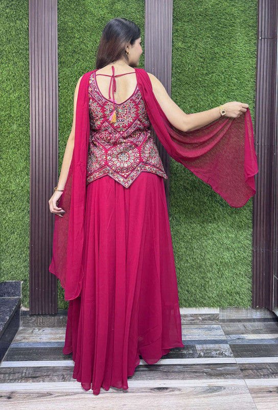 Hot Pink Asymmetrical Hemline Short Shirt Plazo Suit with Choker Dupatta