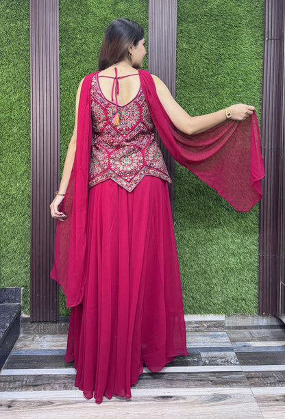 Hot Pink Asymmetrical Hemline Short Shirt Plazo Suit with Choker Dupatta