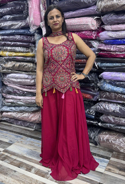 Hot Pink Asymmetrical Hemline Short Shirt Plazo Suit with Choker Dupatta