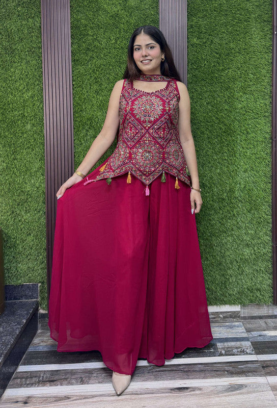 Hot Pink Asymmetrical Hemline Short Shirt Plazo Suit with Choker Dupatta
