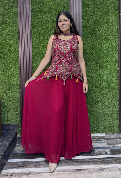 Hot Pink Asymmetrical Hemline Short Shirt Plazo Suit with Choker Dupatta