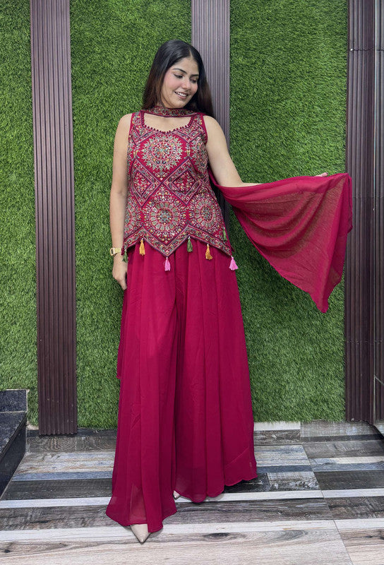 Hot Pink Asymmetrical Hemline Short Shirt Plazo Suit with Choker Dupatta