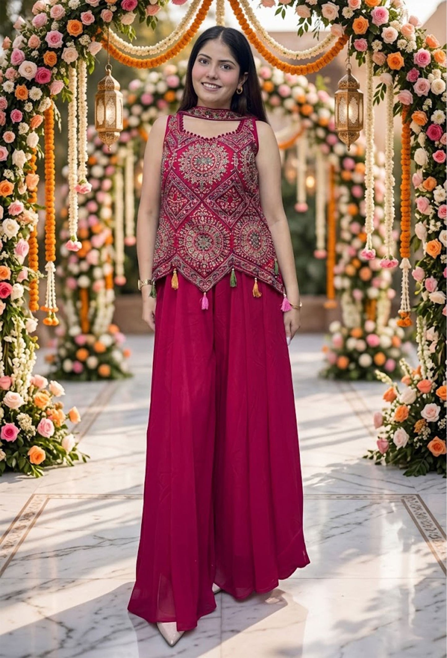 Hot Pink Asymmetrical Hemline Short Shirt Plazo Suit with Choker Dupatta