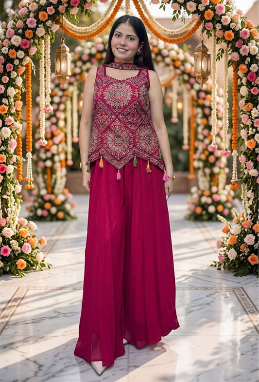 Hot Pink Asymmetrical Hemline Short Shirt Plazo Suit with Choker Dupatta