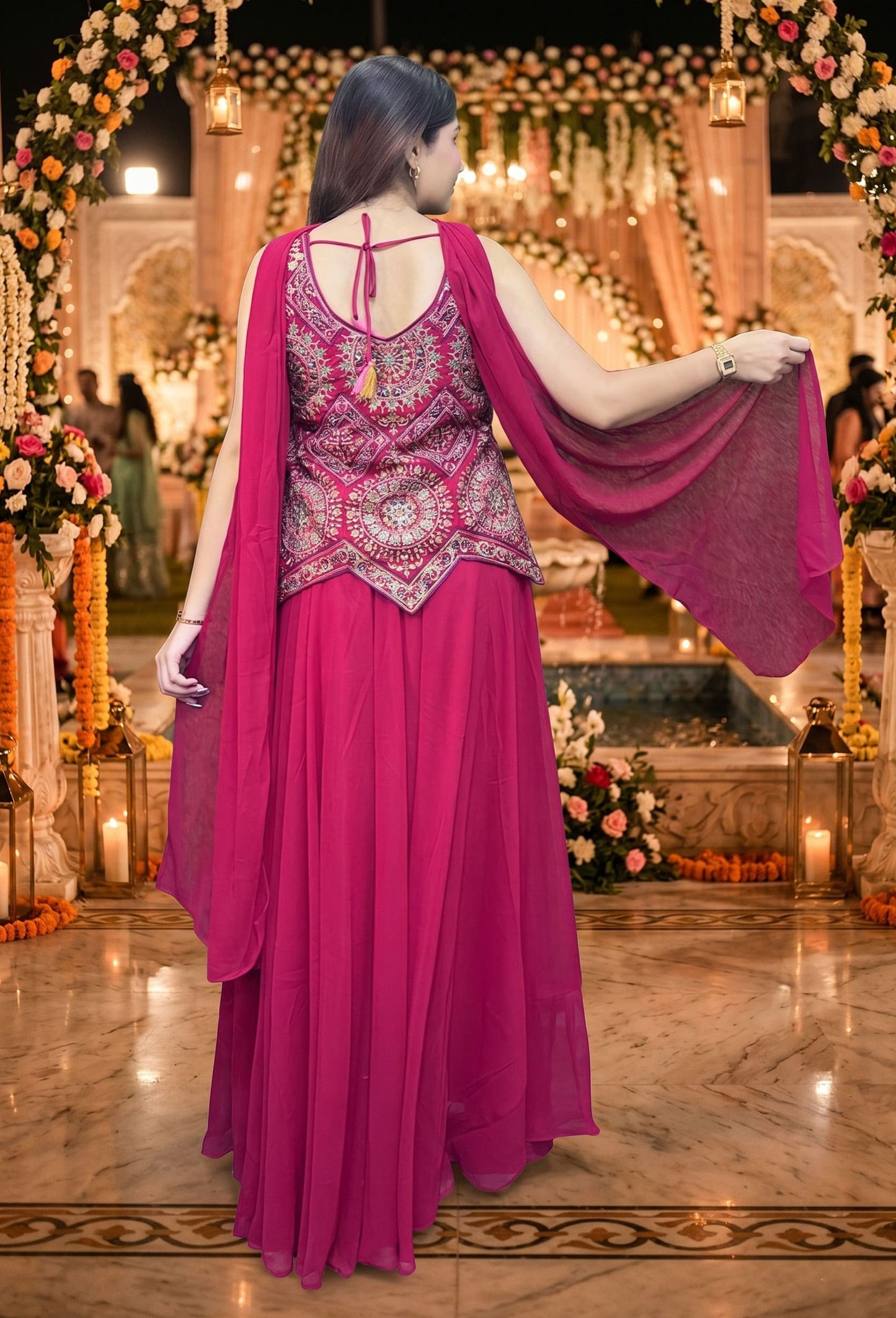 Hot Pink Asymmetrical Hemline Short Shirt Plazo Suit with Choker Dupatta