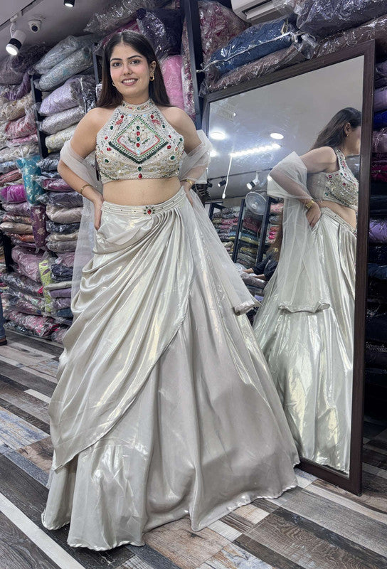 Designer Drape Crop Top Skirt Set with Emerald Stone Work & Net Dupatta in Soft Silver