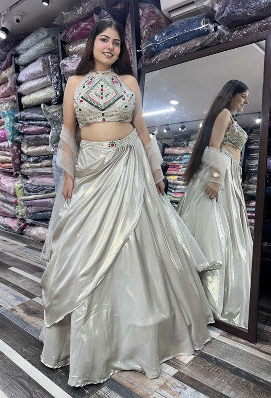 Designer Drape Crop Top Skirt Set with Emerald Stone Work & Net Dupatta in Soft Silver