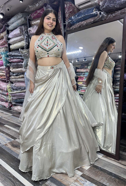 Designer Drape Crop Top Skirt Set with Emerald Stone Work & Net Dupatta in Soft Silver