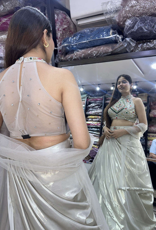 Designer Drape Crop Top Skirt Set with Emerald Stone Work & Net Dupatta in Soft Silver