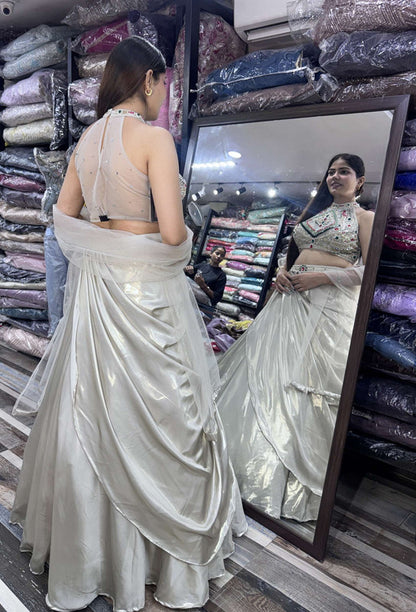 Designer Drape Crop Top Skirt Set with Emerald Stone Work & Net Dupatta in Soft Silver
