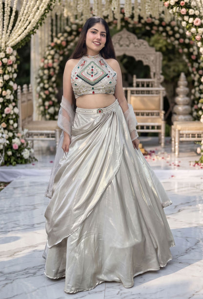 Designer Drape Crop Top Skirt Set with Emerald Stone Work & Net Dupatta in Soft Silver