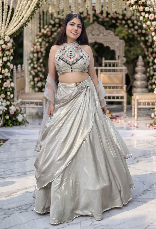 Designer Drape Crop Top Skirt Set with Emerald Stone Work & Net Dupatta in Soft Silver