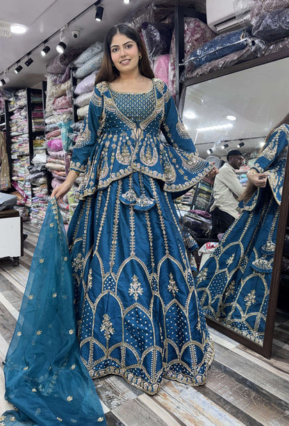 Indo Western Designer Crop Top with Heavy Anarkali Skirt Set with Jacket