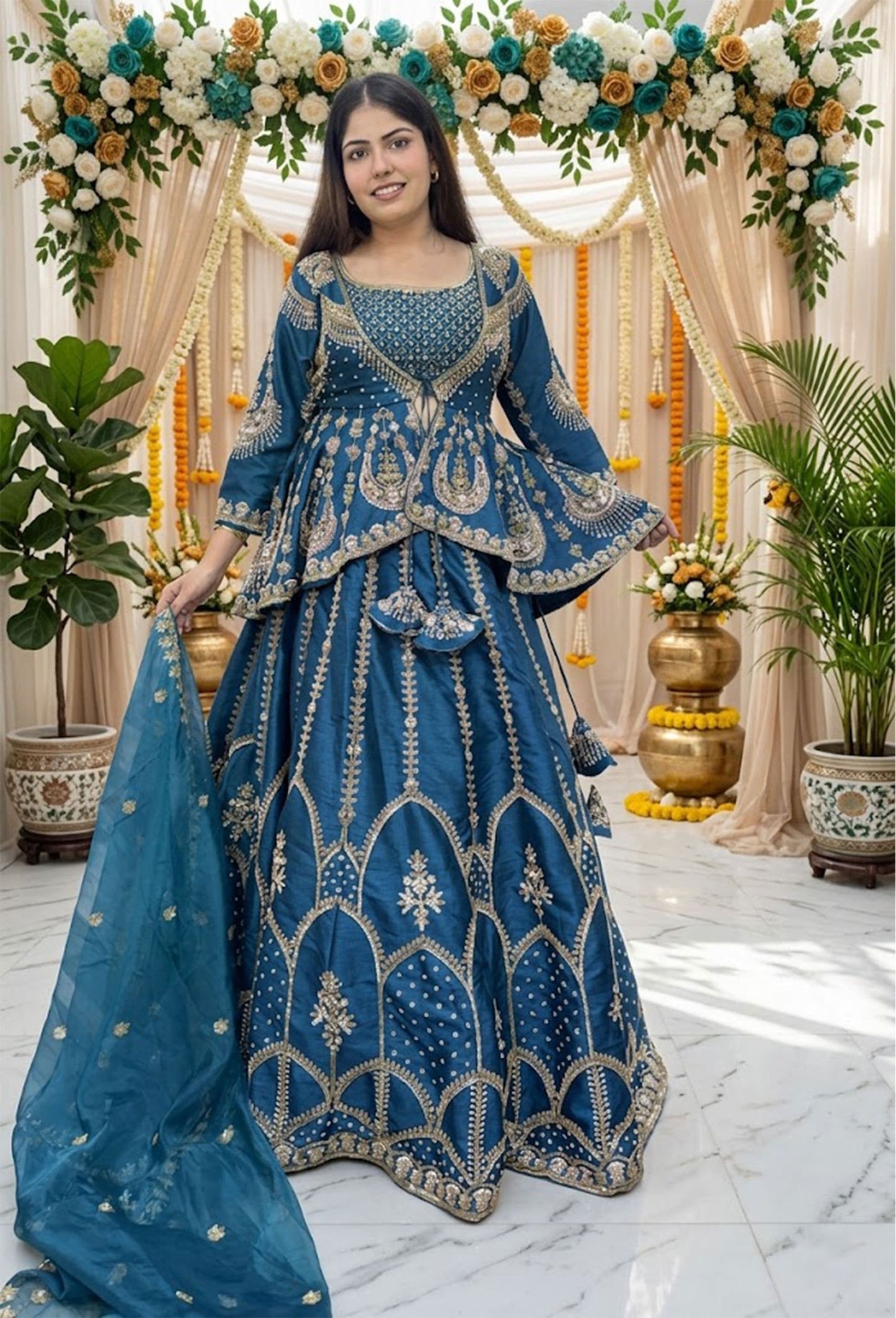 Indo Western Designer Crop Top with Heavy Anarkali Skirt Set with Jacket