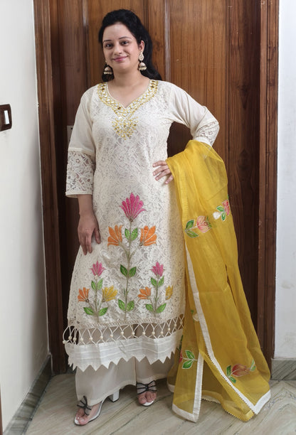 Crochet Fabric Summer Suit Set with Organza Dupatta