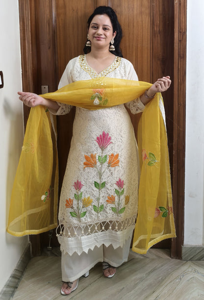 Crochet Fabric Summer Suit Set with Organza Dupatta
