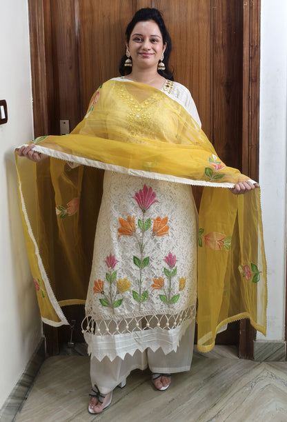 Crochet Fabric Summer Suit Set with Organza Dupatta