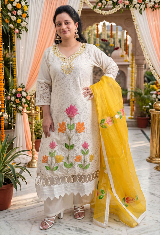 Crochet Fabric Summer Suit Set with Organza Dupatta