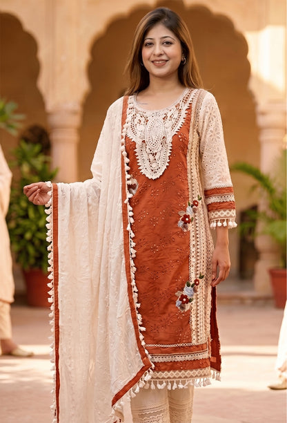 Crochet Detailed Summer Suit Set with Bordered Dupatta and Tassles