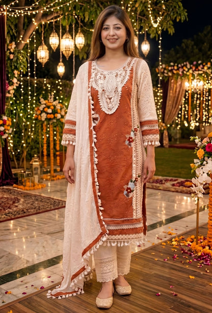 Crochet Detailed Summer Suit Set with Bordered Dupatta and Tassles