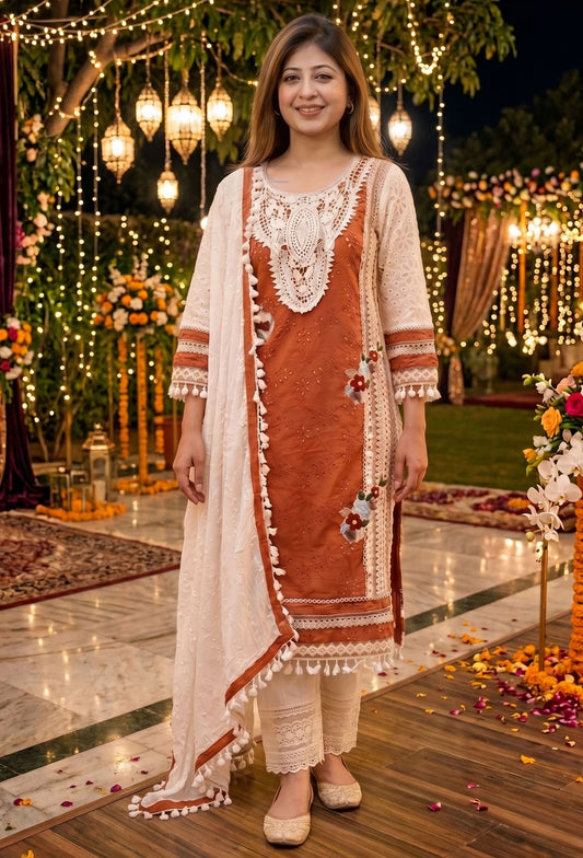 Crochet Detailed Summer Suit Set with Bordered Dupatta and Tassles