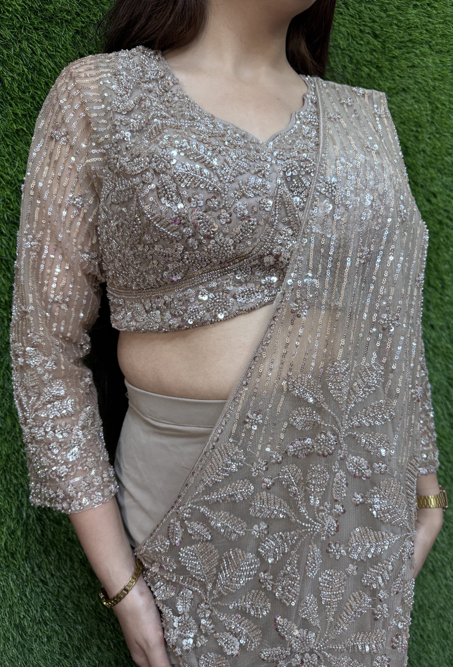 Handworked Blouse with Georgette Drape Saree & Palla