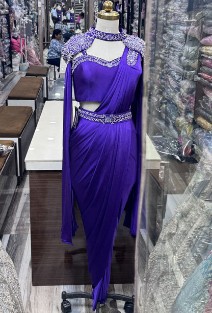 Ready To Wear Drape Saree with Belt Blouse & Separate Cape with Long Falling Sleeves