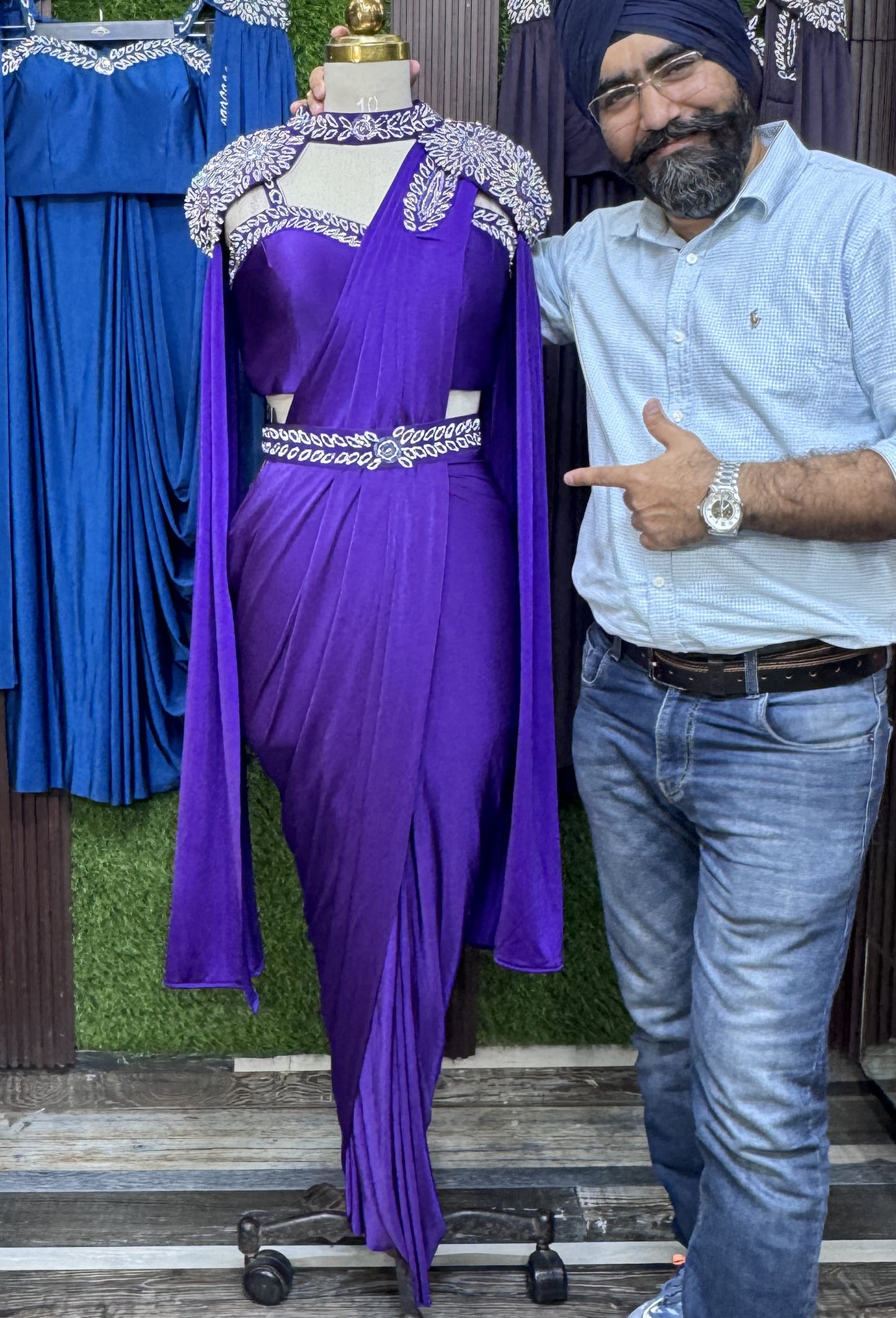 Ready To Wear Drape Saree with Belt Blouse & Separate Cape with Long Falling Sleeves
