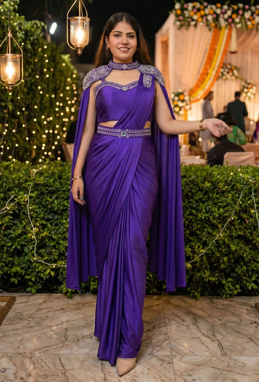 Ready To Wear Drape Saree with Belt Blouse & Separate Cape with Long Falling Sleeves