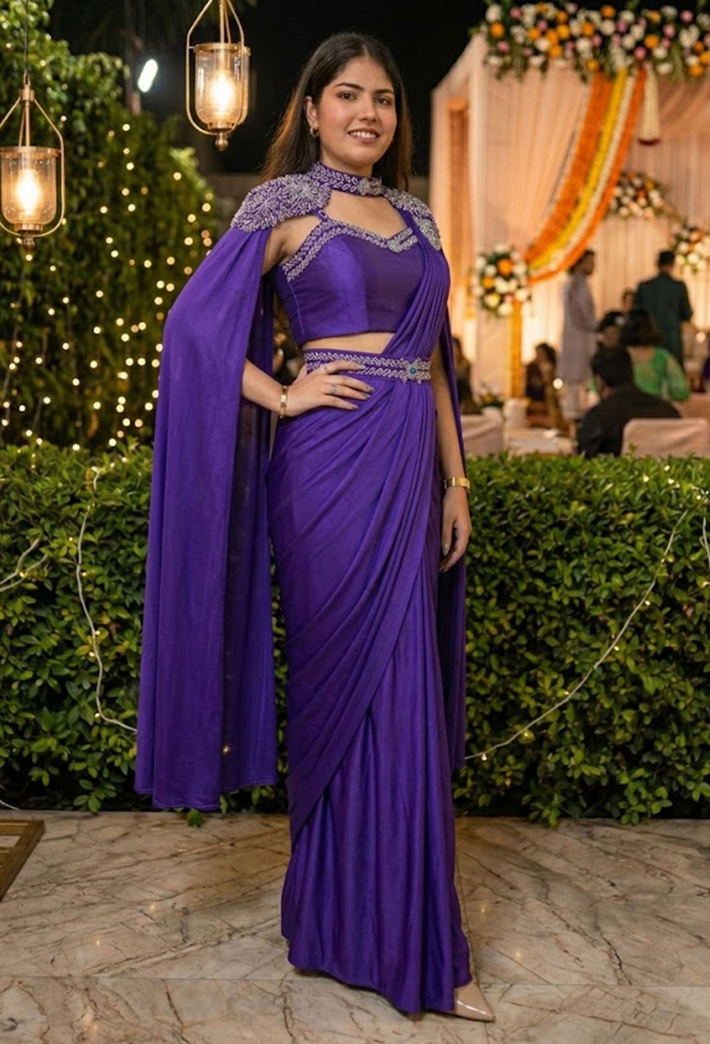 Ready To Wear Drape Saree with Belt Blouse & Separate Cape with Long Falling Sleeves